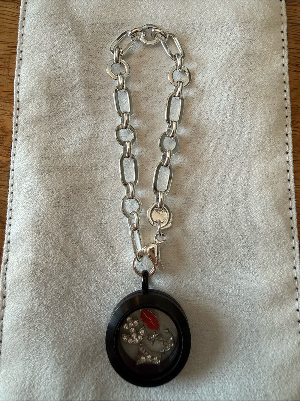 Origami Owl Silver Chain Necklace with Black Locket and Red Accent